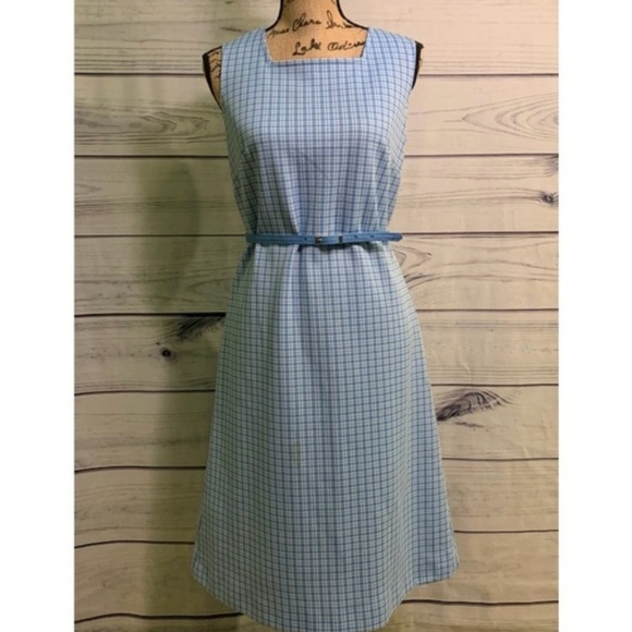 VINTAGE 60S 70S MOD BLUE WWHITE PLAID BELTED SHIFT DRESS - Picture 1 of 12
